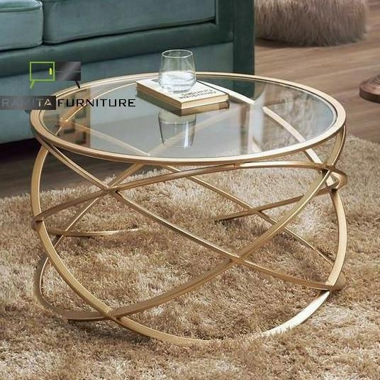 coffe table bulat meja kaca rangka besi ruang tamu