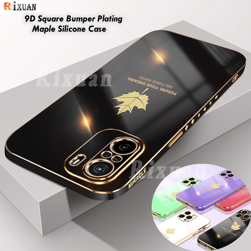 Casing Xiaomi Mi 11 Lite Mi 11T Pro Mi 9T Redmi Note 8 Pro Note 7 Poco M3 Pro Fashion Electroplated Maple Leaf Square Plating Soft Silicone Case Rixuan