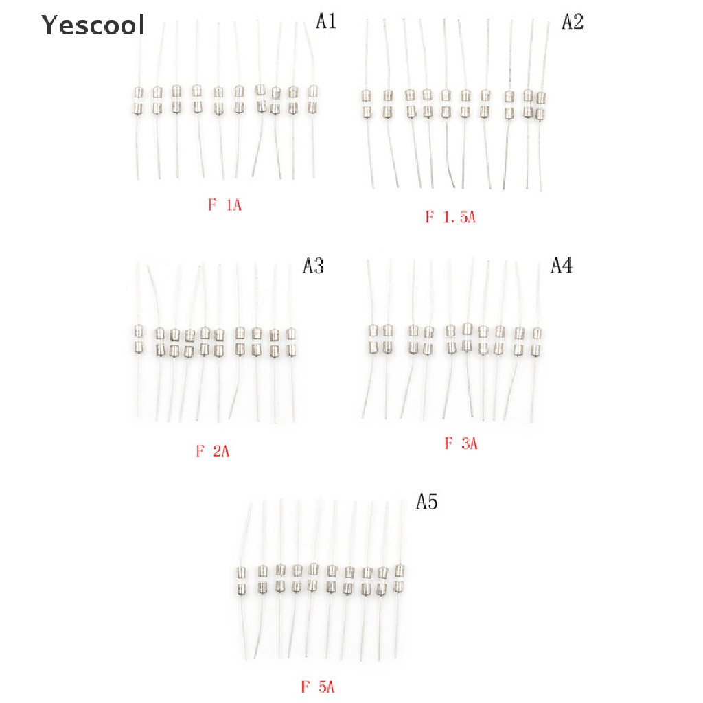 Yescool 10pcs Sekring Tabung Kaca Axial F1A / 1.5A / 2A / 3A / 5A 3.6x10mm 250V