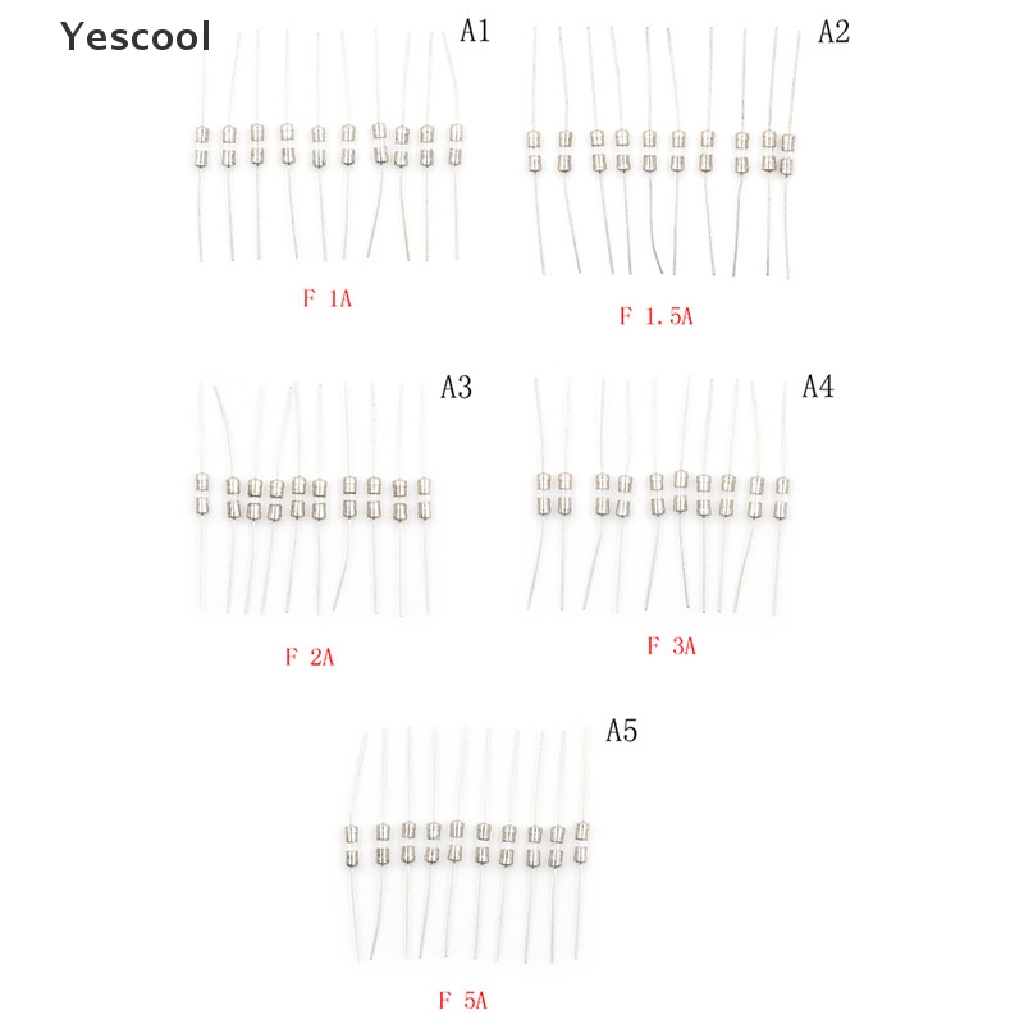 Yescool 10pcs Sekring Tabung Kaca Axial F1A / 1.5A / 2A / 3A / 5A 3.6x10mm 250V