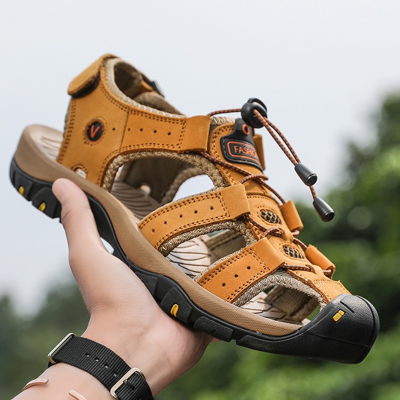 COD Sandal Gunung MTB Sendal Pria Gunung Hiking Touring Cowok Waterproof Kulit Asli Outdoor Tahan Air Handmade