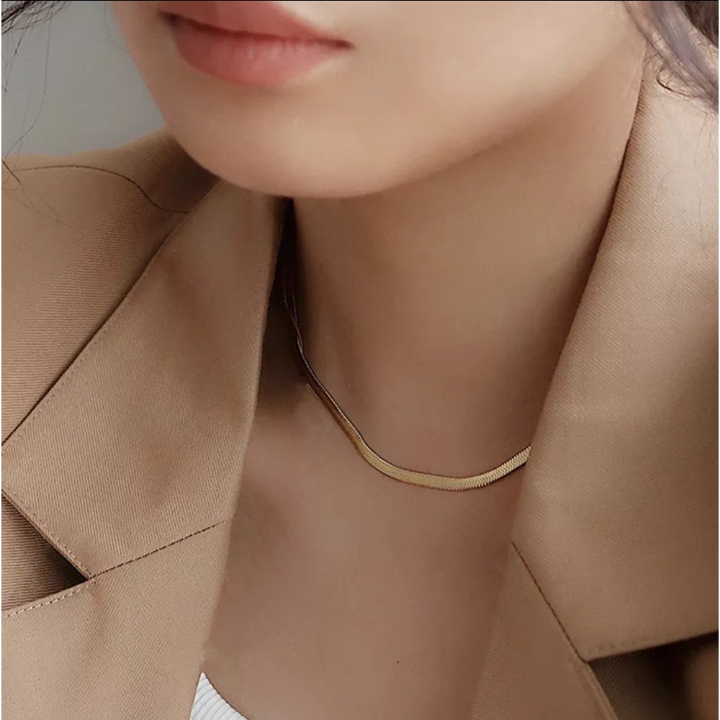 Kalung Titanium Untuk Wanita dan Pria Jenis Rantai Belut Pipih Warna Gold