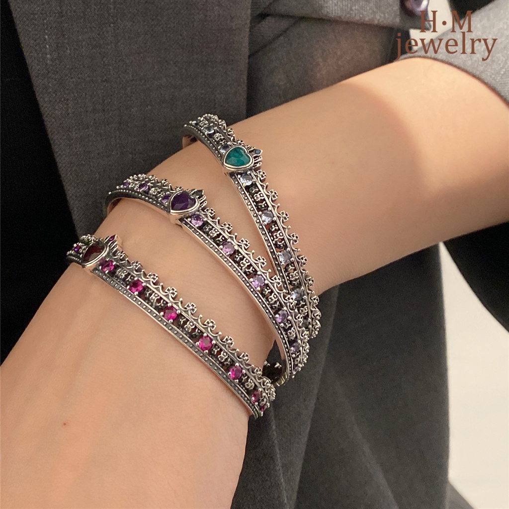 Gelang Tangan Silver Thai Vintage Desain Mahkota Salib Hati Hias Zircon AAA Multi Warna Untuk Wanita