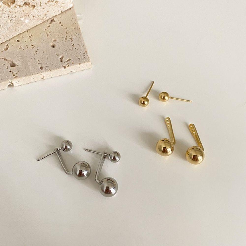 Needway Stud Earrings Elegan Sederhana Bola Bulat Emas Perak Kepribadian Temperamen Anting Gaya Korea