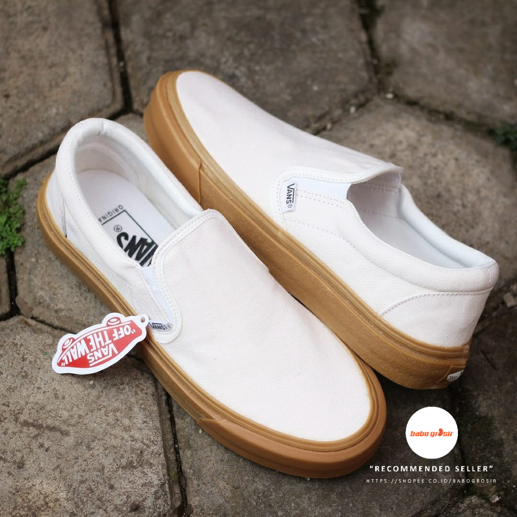 PROMO Vans Slip On White Rubber Gum Premium, Import Quality, Waffle DT Anti Slip, Upper Kanvas Krem, Tag Made in China