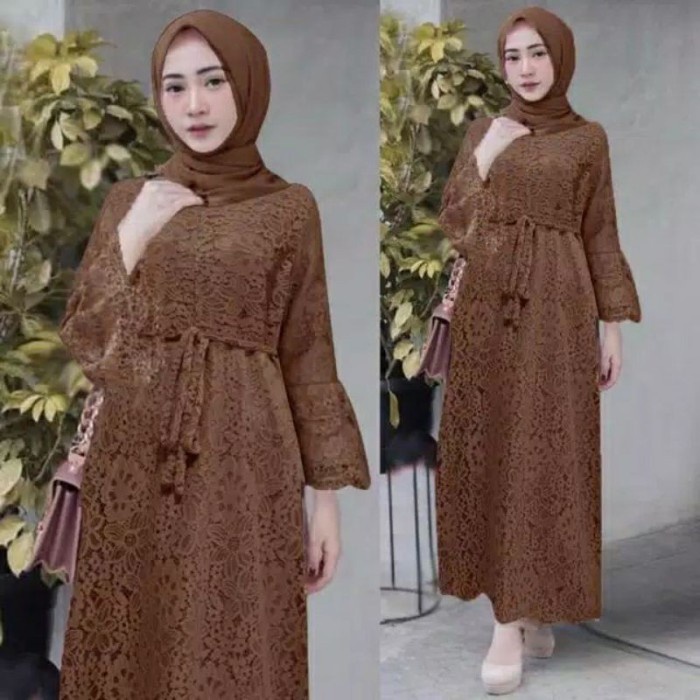 Gamis Brukat Baju Gamis Wanita Terbaru Size Jumbo L - XXL - Coklat Tua, LD 110cm