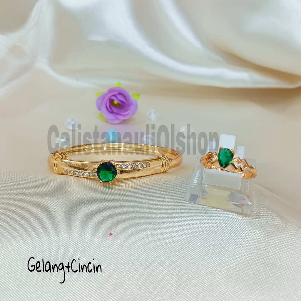 SET DEWASA KRISTAL HIJAU SIMANIS PERHIASAN EMAS  KOREA ANTI KARAT DAN ANTI LUNTUR