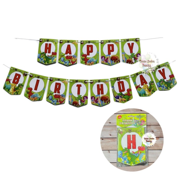 Banner HBD Dino / Banner Karakter Dinosaurus / Bunting Flag Dinosaurus
