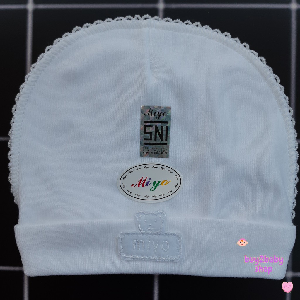 Topi bayi newborn model bulat dan tali MIYO Premium Pearl White 1 PCS