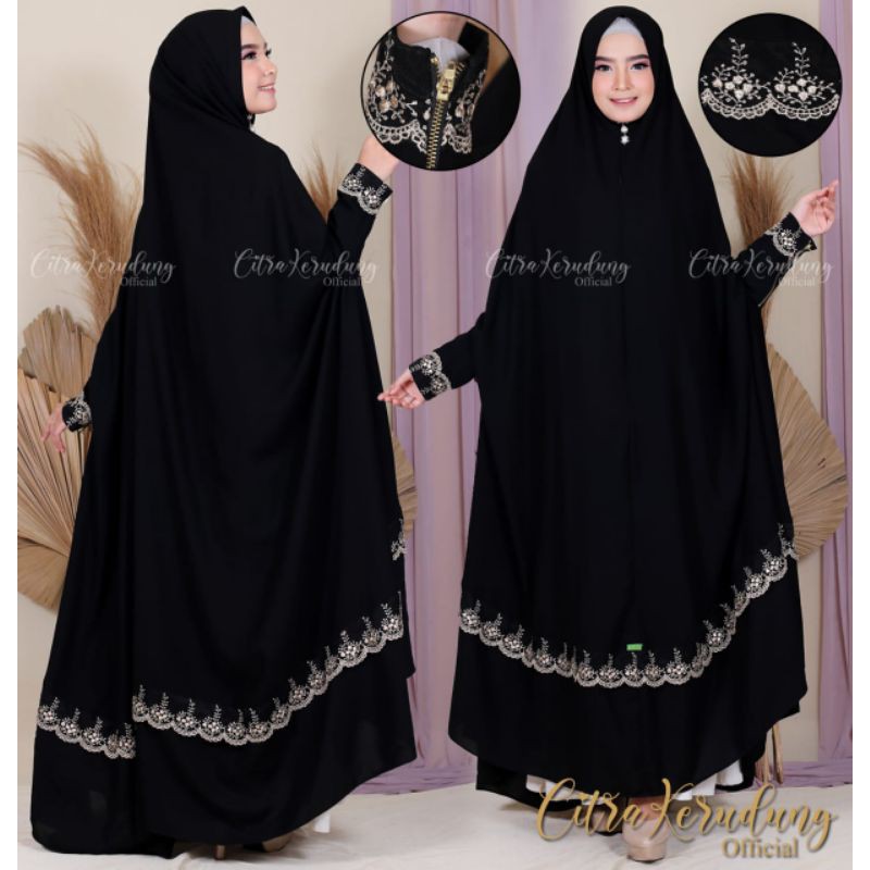 Khimar Jumbo Jubah Busui Jetblack Manset Zipper variasi Lis Renda Tile Premium