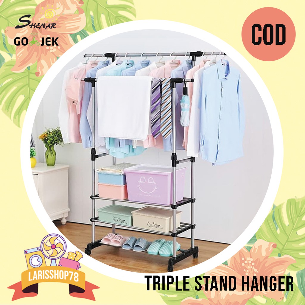 Triple Stand Hanger/rak Gantungan Baju/rak Serbaguna/portable/2 Layer/rak Gantungan 4 Roda - Shenar