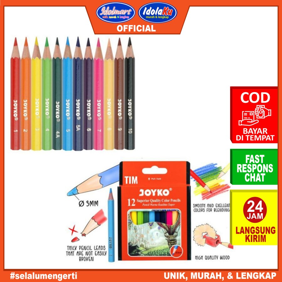 IDOLMART Pensil Warna Joyko Pendek 12 Warna Idolmart Surabaya