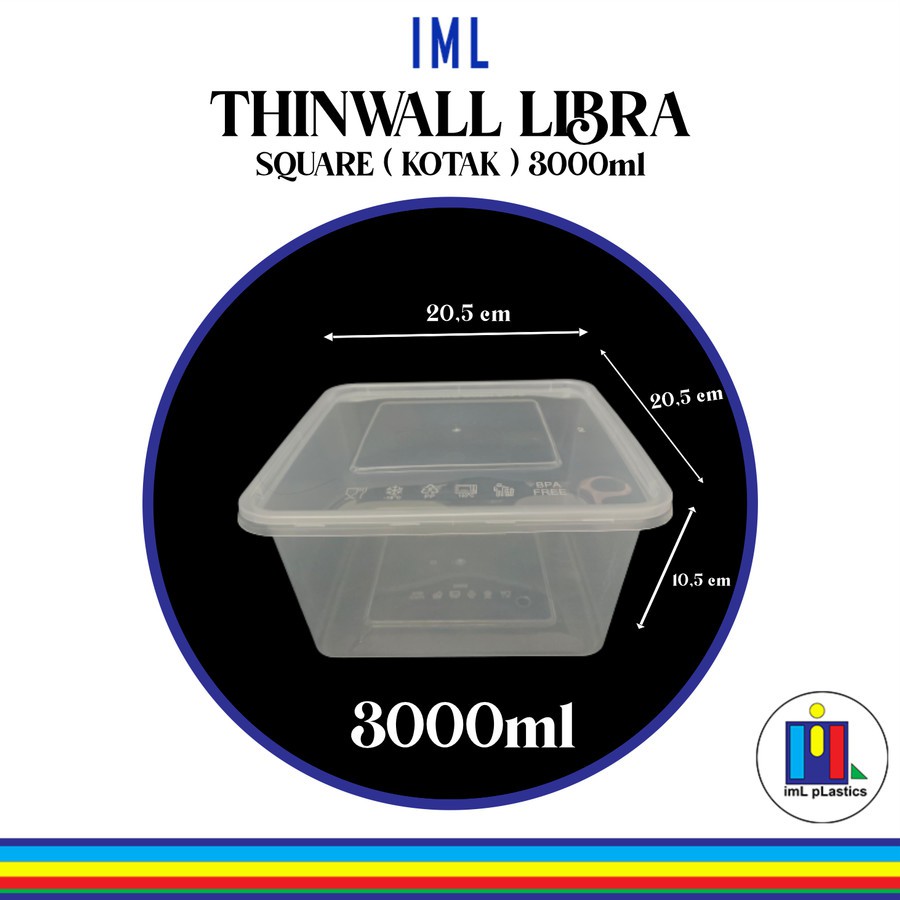 Kotak Makan Plastik THINWALL LIBRA SQUARE ( KOTAK ) 3000ml ( 1 set isi 25 pcs )