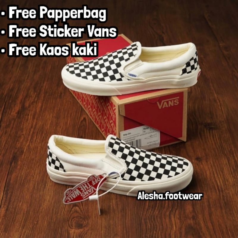 Paket 100% Import Sepatu Vans Slip On Mono Checkerboard  + Kaos Kaki  / Vans Slip-On Checkerboard Black-White OG / Vans Slip On Catur OG Terlaris Premium Hight Quality