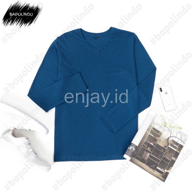 enjay.id - PREMIUM Kaos warna Navy Muda oblong ANTI BAKTERI Leher V neck lengan panjang Original