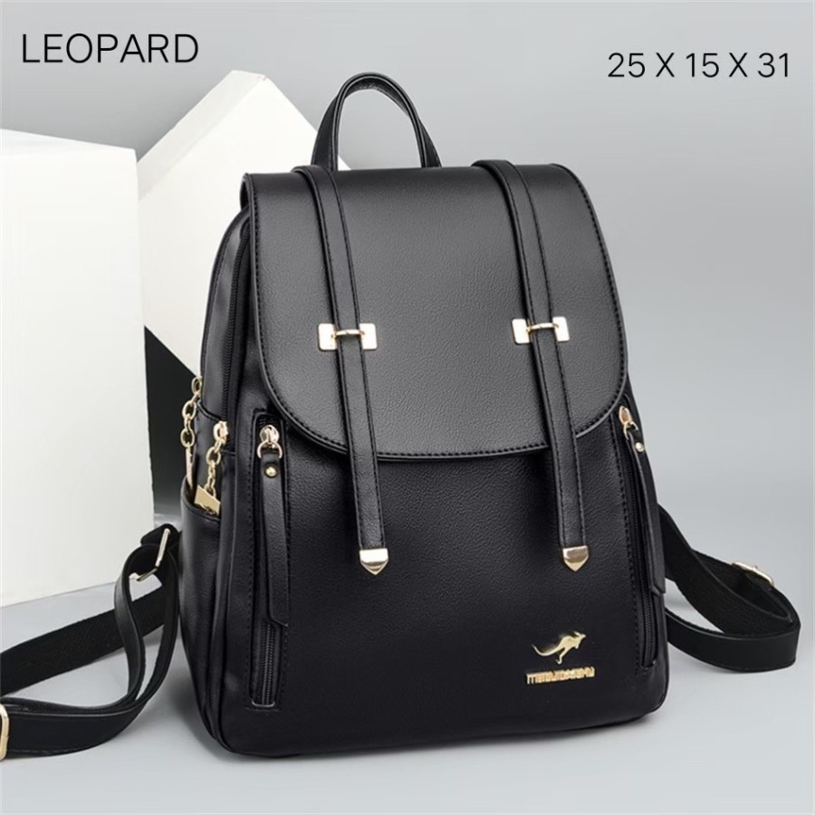 Tas Ransel Wanita Kulit Tas Ransel Satchel Backpack Kulit Simple Polos - Hitam