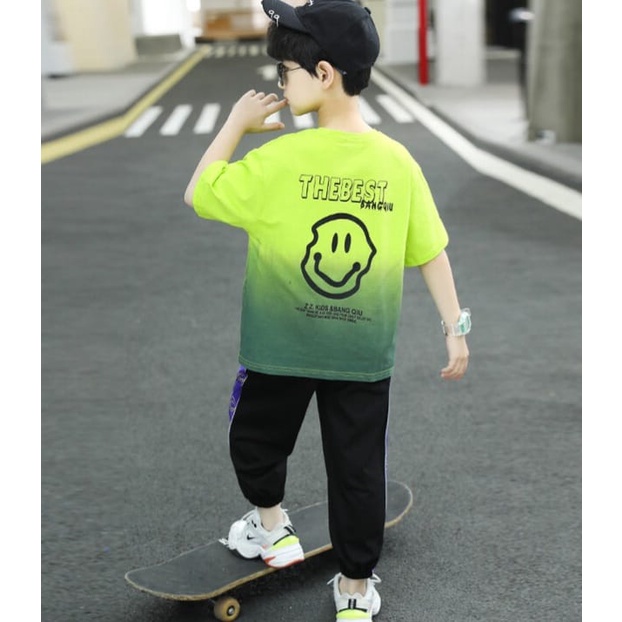 BAJUKIDDIE MR SMILE SET BAJU SETELAN ANAK COWOK KOREA IMPOR FASHION CASUAL DAILY KAOS CELANA PANJANG