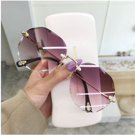 Kacamata Fashion Wanita Gaya Korea Frameless Kacamata Hitam Bulat Sunglasses Women Anti Silau UV Original