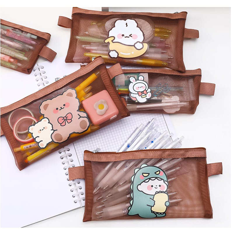 

Tempat Pensil Jaring Mesh Pencil Case Stationery Tempat Make Up Dompet Lucu