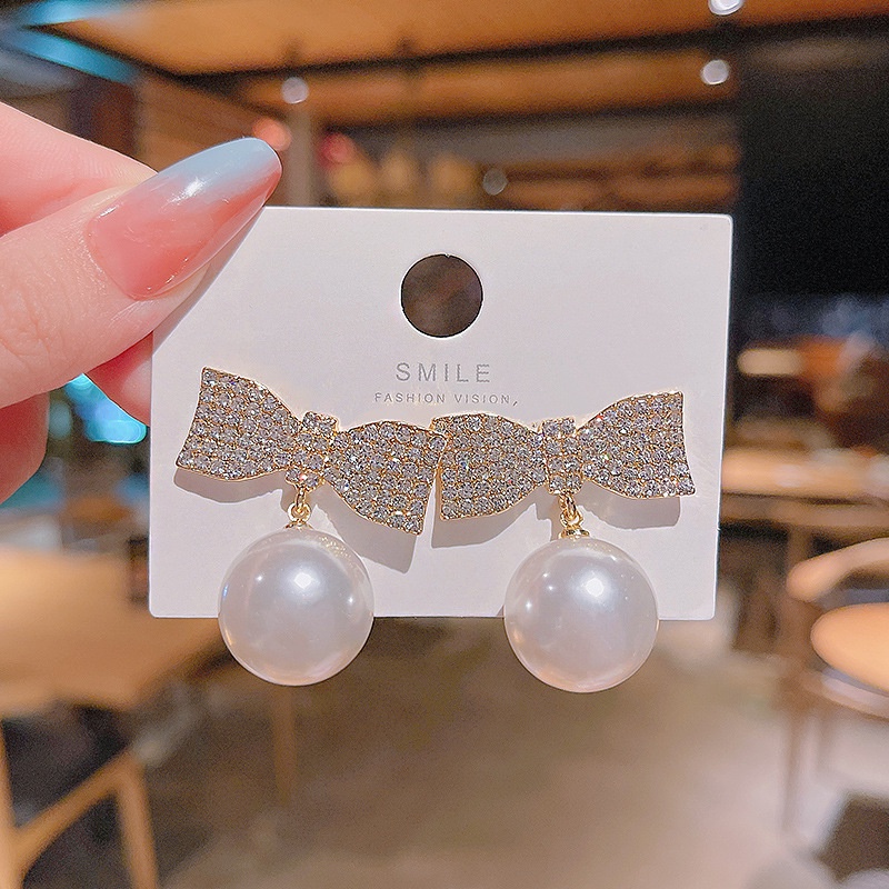 Anting Tusuk Gantung Bahan Sterling silver 925 Desain Pita + Mutiara + Berlian Untuk Wanita