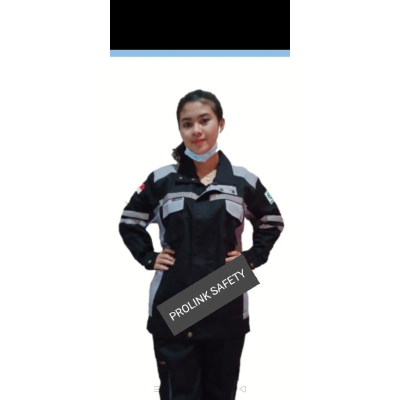 SEMI JAKET SERAGAM BAJU SAFETY ABU HITAM PREMIUM KAIN DRILL BERLOGO K3 BENDERA REAL PICTURE