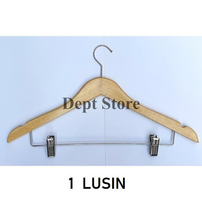 HANGER KAYU JEPIT BESI (1 LUSIN) GANTUNGAN BAJU MODEL PALANG JEPIT BESI SETELAN TERLARISS...,,,,,