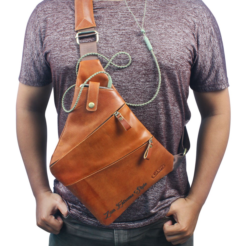 Tas Selempang Pria Kulit Sapi Asli SUPER SLIM Crossbody Chest Bag Pack + GRATIS GRAFIR LASER CUSTOM