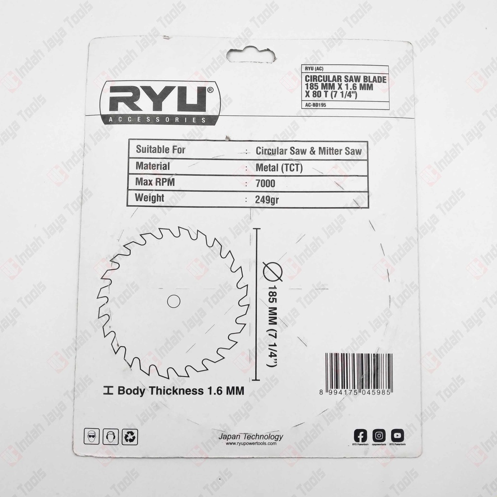 RYU 7 X 80T Circular Saw Blade - Mata Pisau Potong Gergaji Kayu Wood