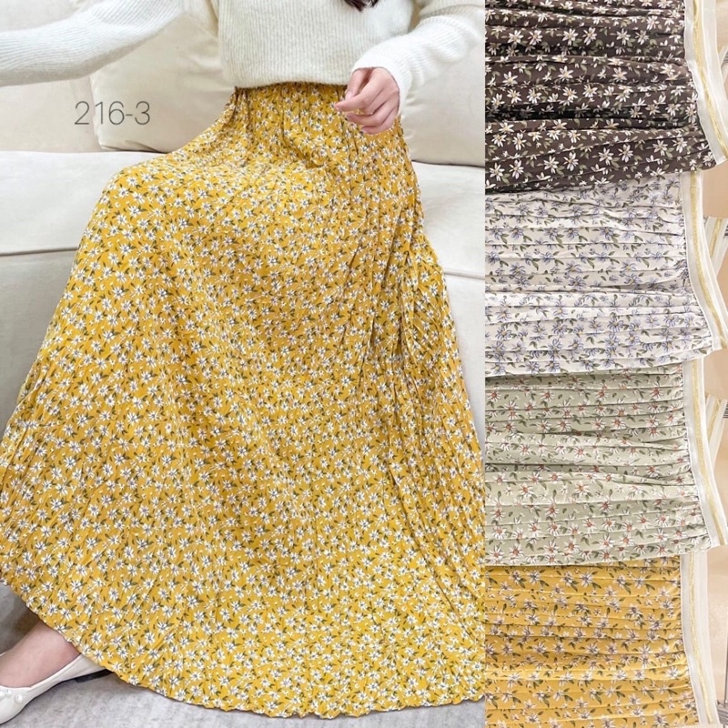 Korean Chiffon Flower Pleated Long Skirt with Gold List Import Premium ( Rok Sifon Korea Prisket Panjang Lis Pinggang Emas )