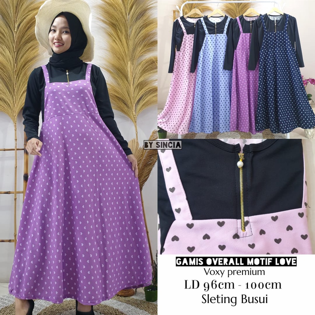 Gamis Busui Mayung Overall Motif LOVE ( Real Pic ) Bahan Voxy Spandek Premium Tebal Fit XL LD 100-10
