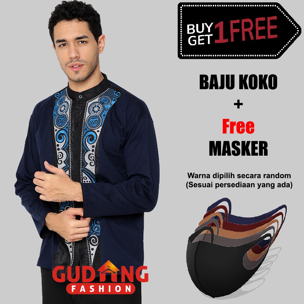 Baju Koko Pria Muslim Lengan Panjang Plus Free Masker