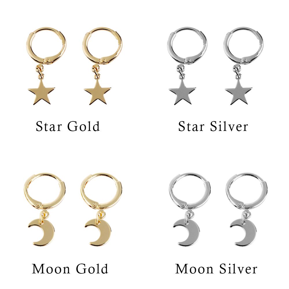 Anting Hoop Tindik Telinga Bentuk Bulan Bintang Kecil Warna Emas Silver Untuk Wanita Charms