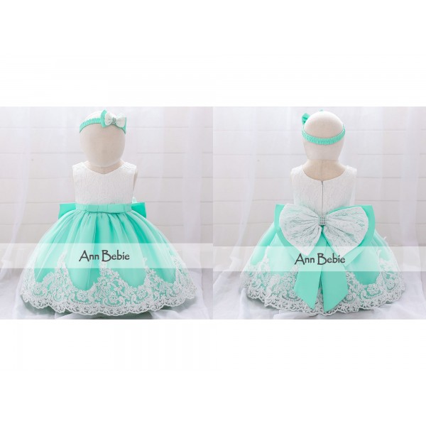 Dress Bayi Warna Hijau Bandana Pita Bayi Cewek Gaun Pesta ANak Bahan SAteen Impor Dress Kembang