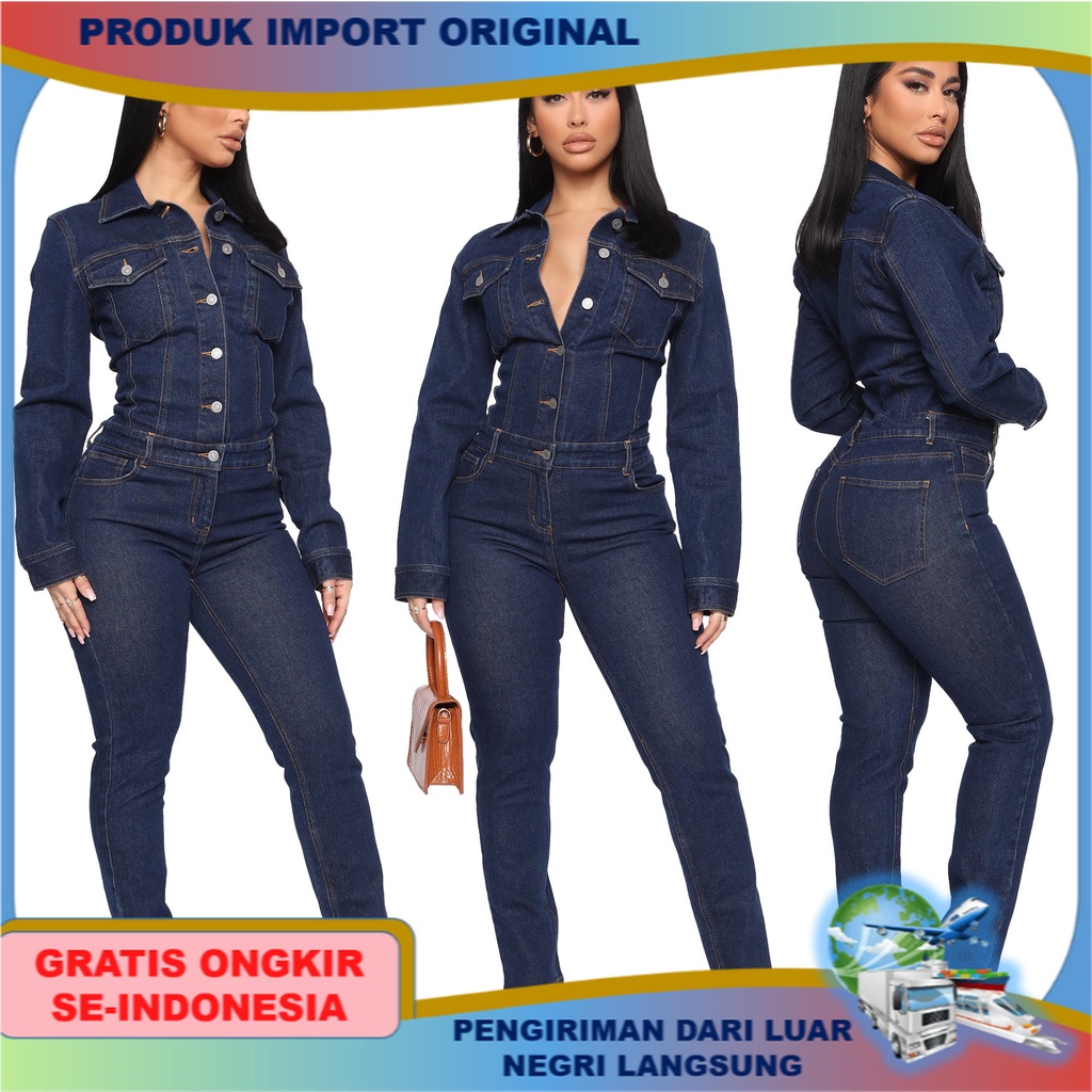 Baju Celana Levis Eropa Amerika Fashion Wanita Pakaian Slim-Fit Panjang-lengan Jeans Jumpsuit Style 
