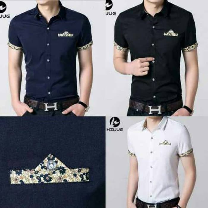 Kemeja pria lengan pendek stylish keren | Baju cowok putih hitam navy