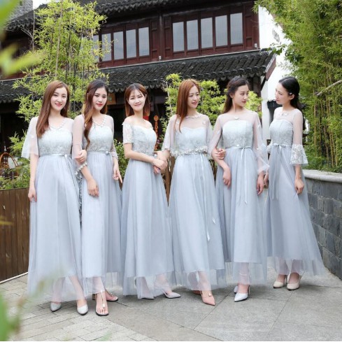 Grey Fashion Korean Style Slim Fit Bridesmaid Wedding Party Dress