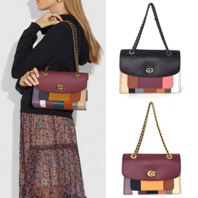 COACH Parker patchwork  Stripes Oxblood multi/brass leather shoulder bag tas original authentic asli