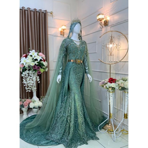 BAJU PENGANTIN SLIM JUBAH EKOR WARNA HIJAU WARDAH