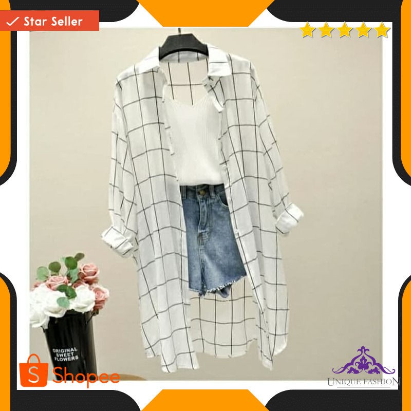 UniqueFashion - Tunik Cardigan Wanita Premium Katun Rayon - Motif Kotak Putih, Lengan Panjang, Fit t