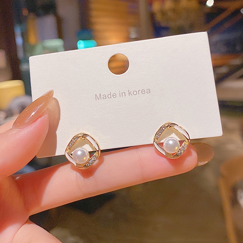 Anting Tusuk Sterling Silver 925 Bentuk Kotak Hias Mutiara + Zircon Hypoallergenic Gaya Korea Untuk Wanita