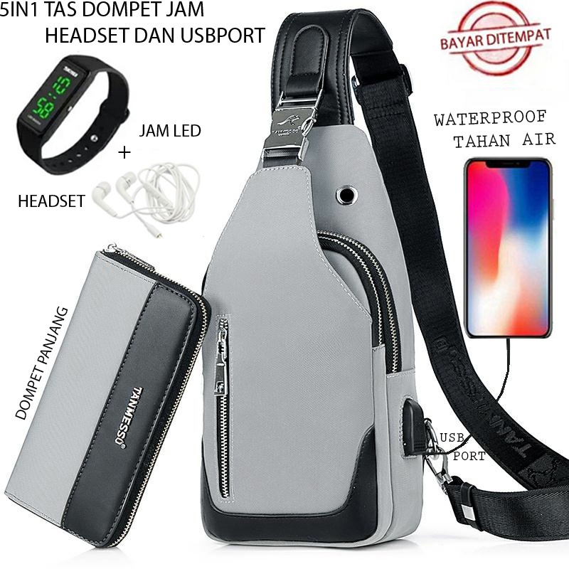 TANMESSO 6in1 BAYAR DITEMPAT-BONUS JAM LED,DOMPET &amp; NUTDRIVER&amp;HEADSET&amp;USBPORT- TAS SELEMPANG PRIA