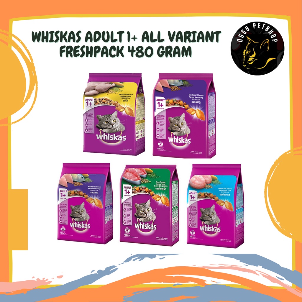 Whiskas Dry Adult 1+ Makanan Kucing Kemasan Freahpack 480gram