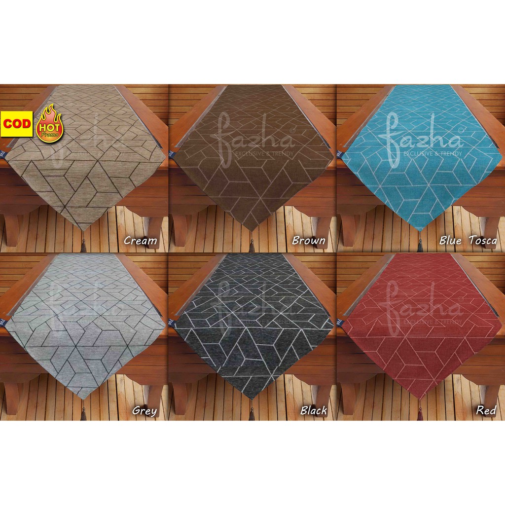 Taplak Meja Tamu Makan Modern Minimalis fazha Mewah Cantik Elegant Motif Geomertis warna Cream Abu B