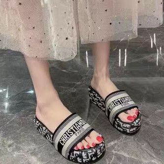 SS0259 Sandal Slop Wanita Fashion Import Sendal Wedges Embroidered Slide Thick Slip On Ready Jakarta Bisa COD (With Box)