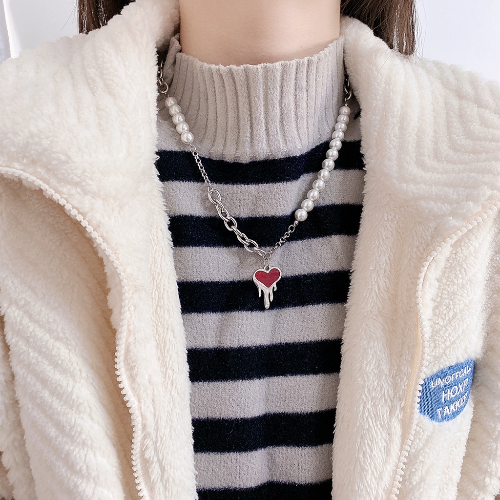 Gaya Korea niche desain Lava Merah cinta liontin kalung sweter in elegan mutiara sweater chain