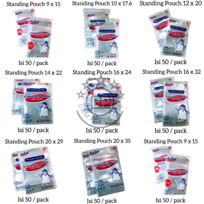 Standing Pouch 9x15 10x17 12x20 14x22 Doubel seal Lebar STP Ziplock Blutop Plastik Snack 16x24 16x32 20x29 20x35