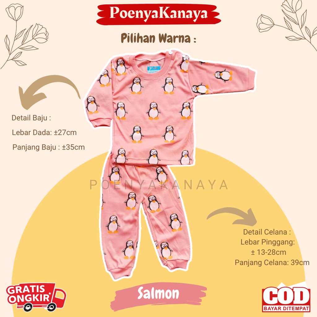 Setelan Baju Bayi Piyama Bayi Panjang Dasar Warna Full Print Pinguin Viori 3-12 Bulan SPY140