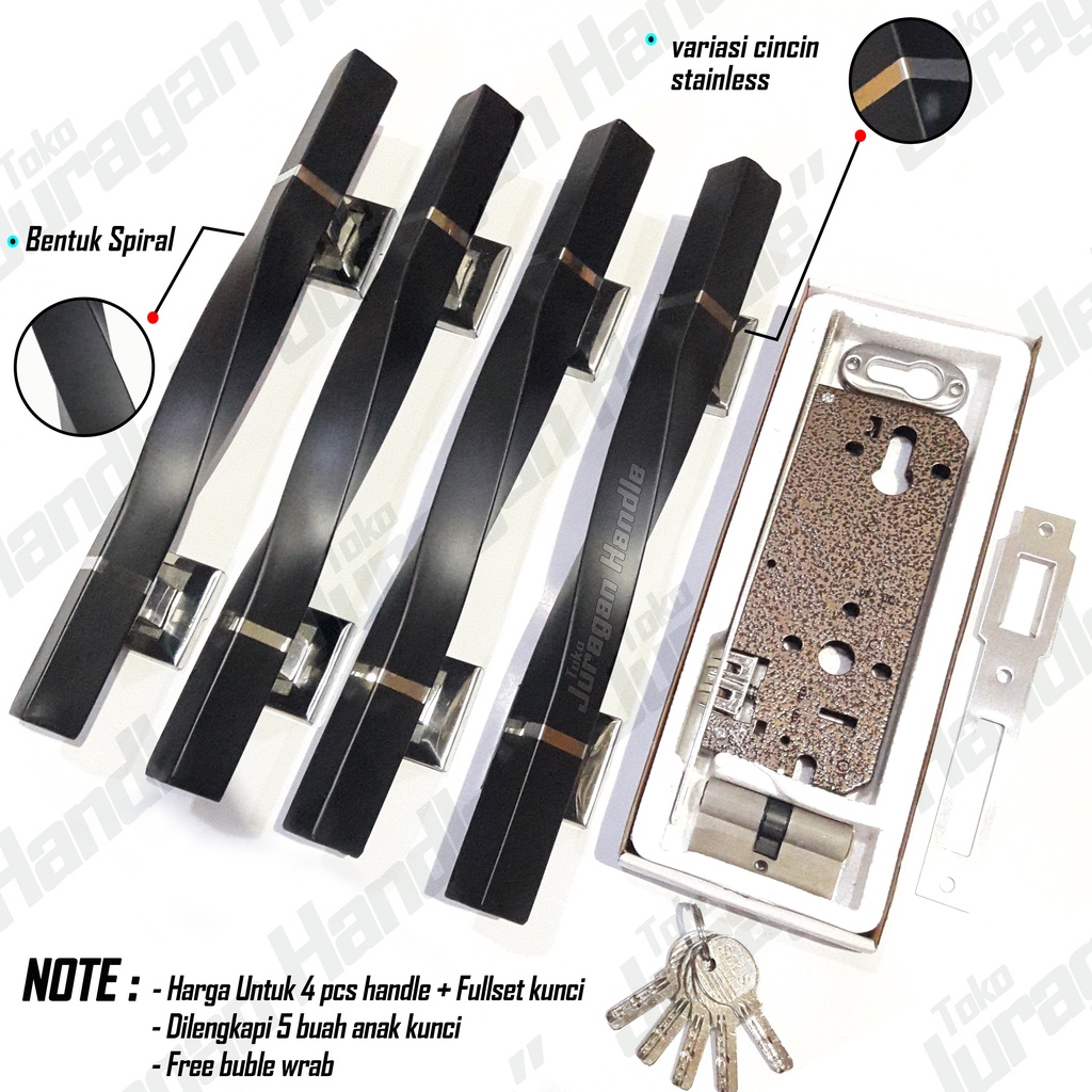 paket lengkap handle pintu rumah 35 cm dan kunci pintu tarikan pegangan pintu minimalis gagang pintu set kunci model spiral hitam