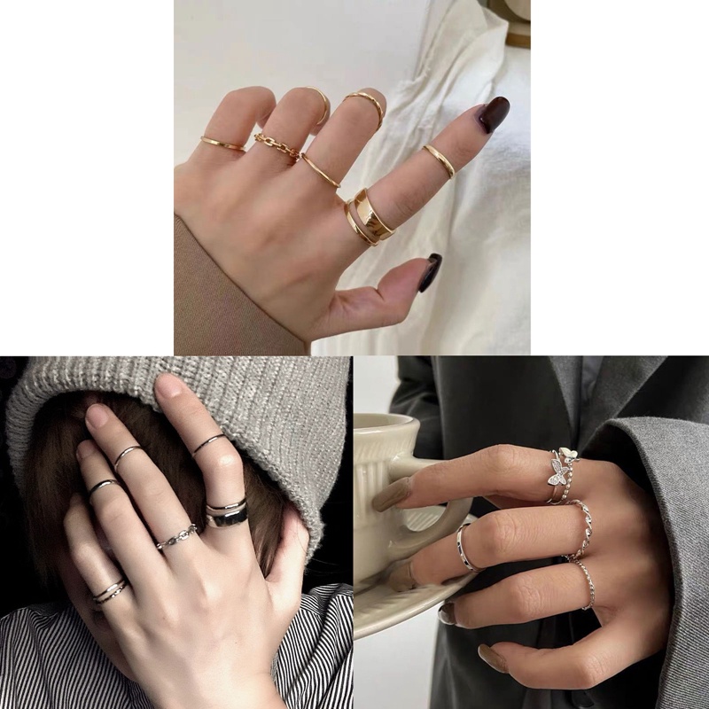 4 / 7pcs / Set Cincin Model Terbuka Bahan Metal Alloy Desain Bulat Hollow Untuk Wanita