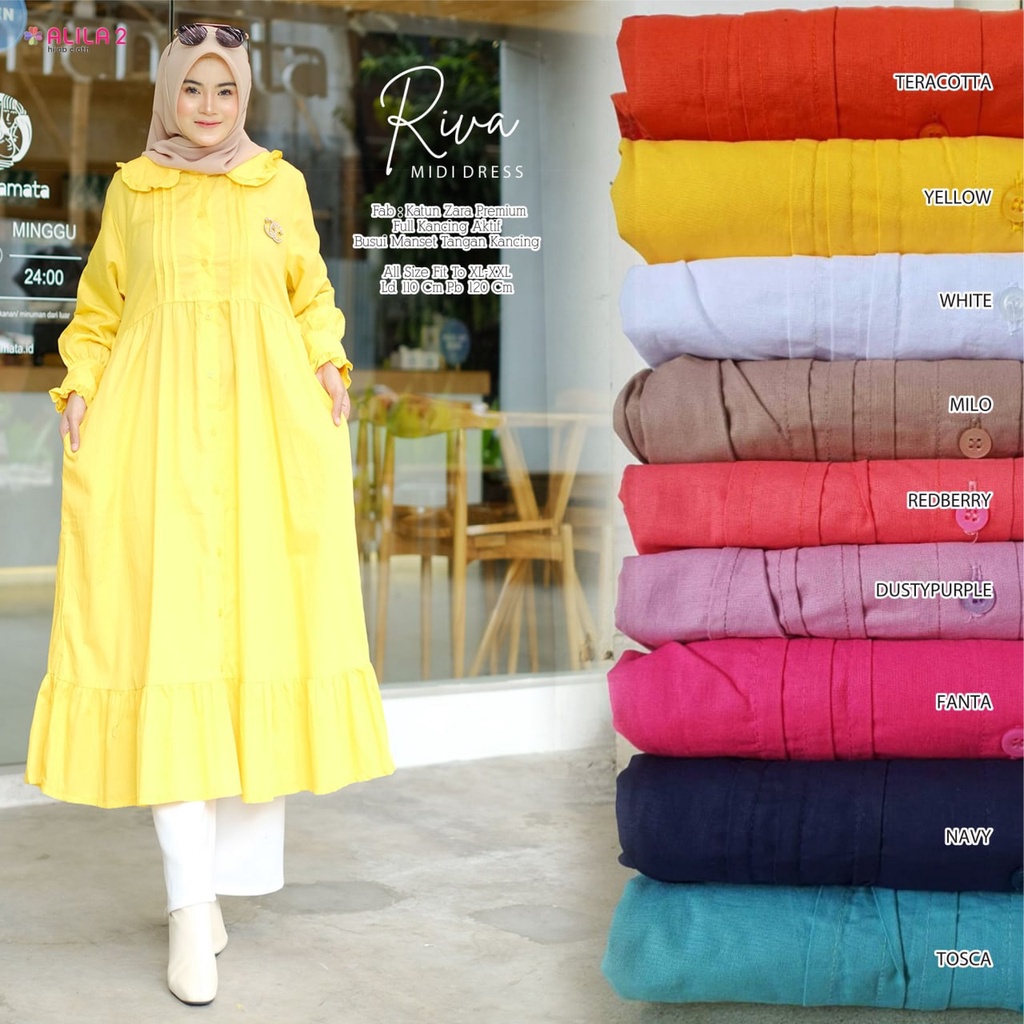 RIVA MIDI DRESS BY ALILA TERUSAN DRESS MIDI WANITA MUSLIM PREMIUM CASUAL POLOS TERBARU BAHAN KATUN Z